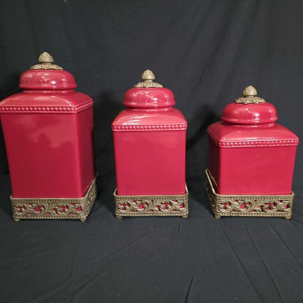 Elegant Red Ceramic Canister Set with Gold Accents